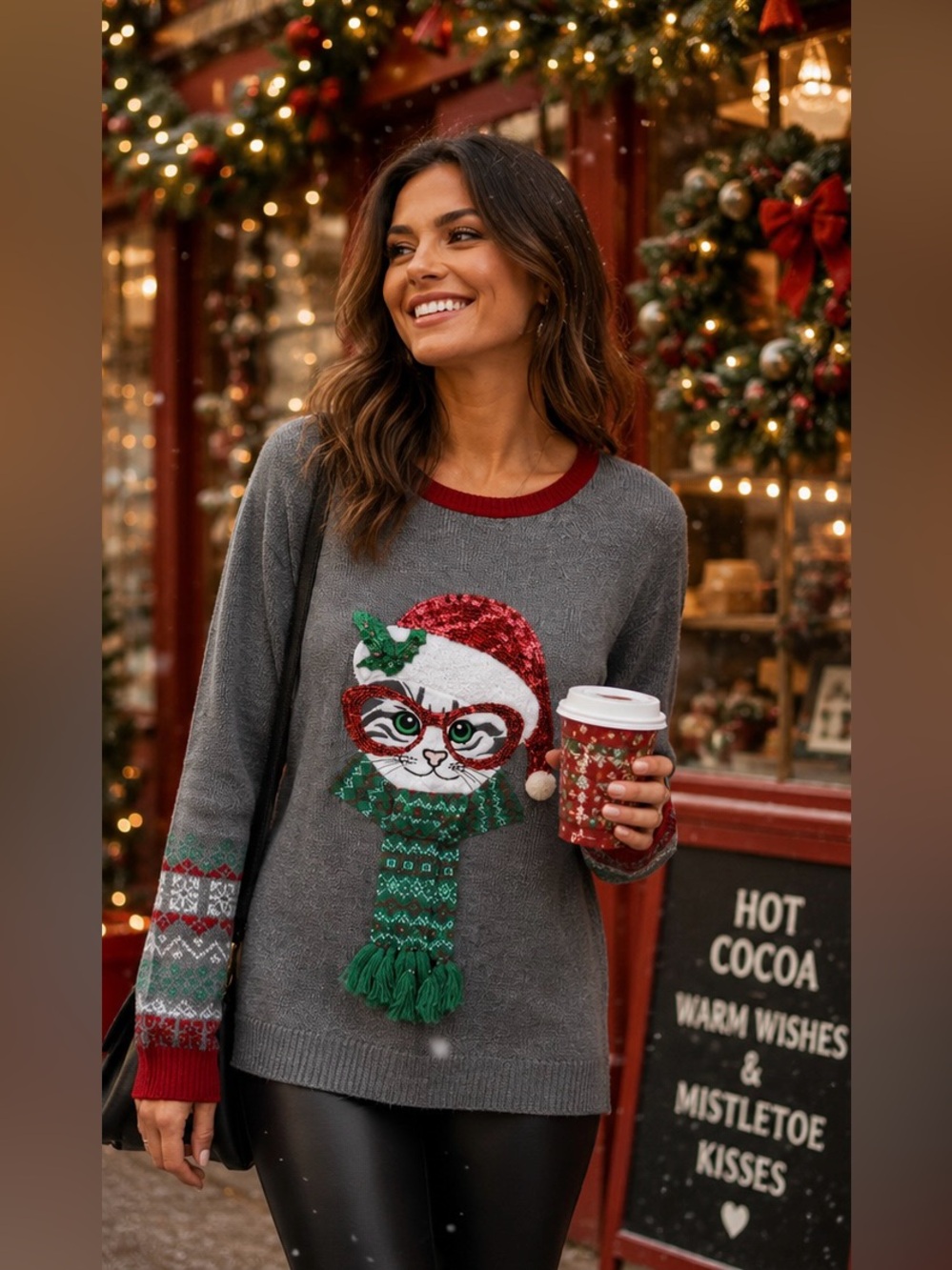 Christmas Ugly Sweater Cat Themed Tunic Plus Size Knit Christmas Sequence, 1X